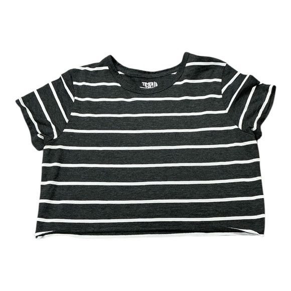 Time & Tru - EC - Cropped Raw Hem Striped Gray T-Shirt - Picture 1 of 3